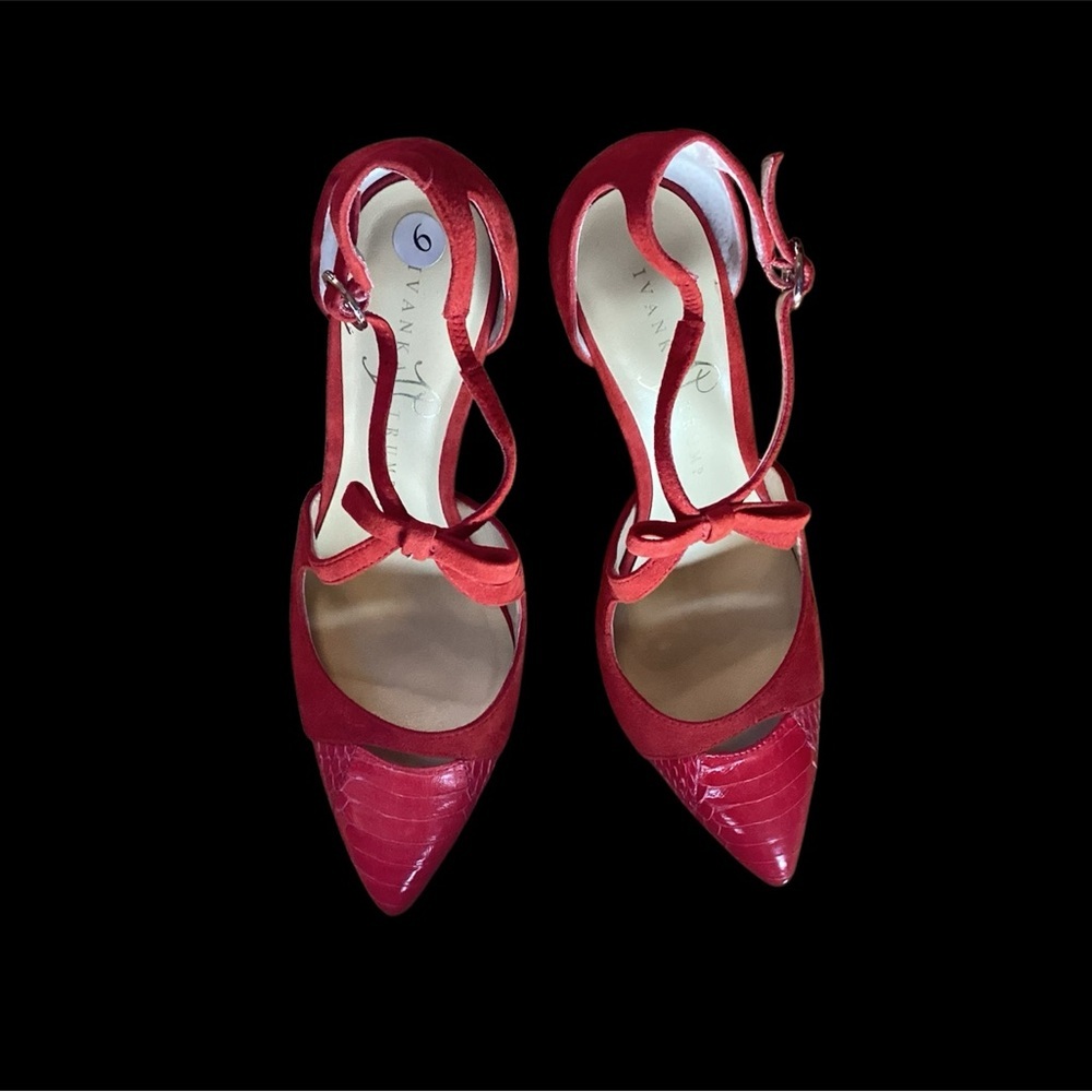 Red Leather Shoes, Pointy toe, bow, adjustable strap, size 6, fits like 6.5-7 - Picture 2 of 14